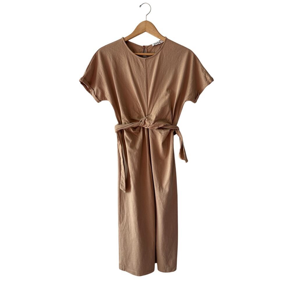 Farrow Camel Tan Cotton Twist Front Self-Tie Midi Dress Short Sleeve Size S